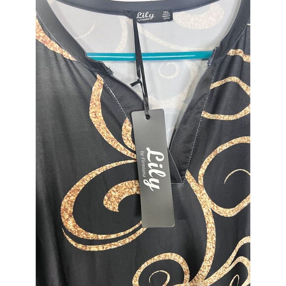 Lily By Firmiana Tunic Top Plus Size 1X Blouse Black Gold Swirl Flowy 3/4 Sleeve - Picture 5 of 8